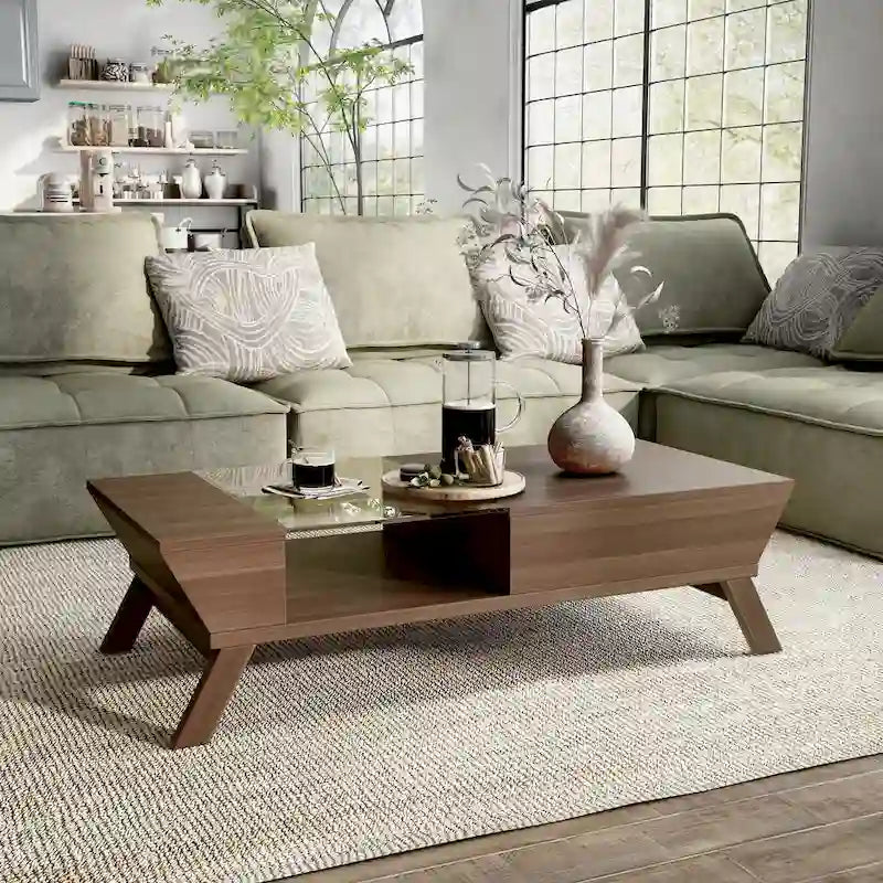 Kress Mid-Century Modern Walnut 47-inch Glass Insert 1-Shelf Coffee Table by Furniture of America