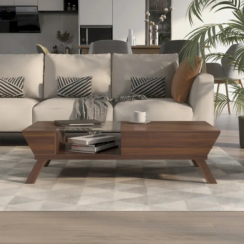 Mid-Century Modern Walnut 47-inch Glass Insert 1-Shelf Coffee Table