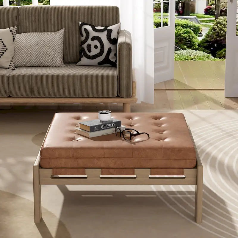 34 Tufted Upholstered Cocktail Ottoman, Square Leather Ottoman Coffee Table with Rubber Wood Frame