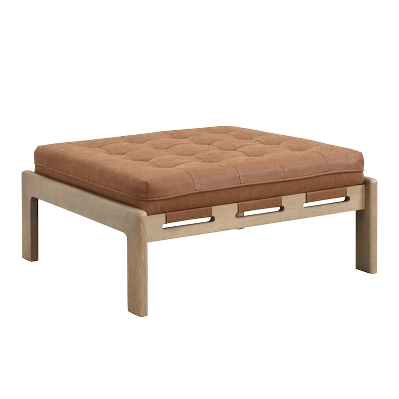 34 Tufted Upholstered Cocktail Ottoman, Square Leather Ottoman Coffee Table with Rubber Wood Frame