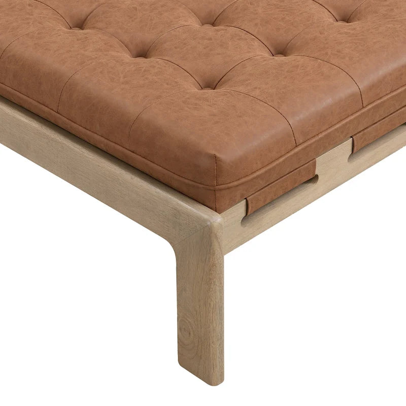 34 Tufted Upholstered Cocktail Ottoman, Square Leather Ottoman Coffee Table with Rubber Wood Frame