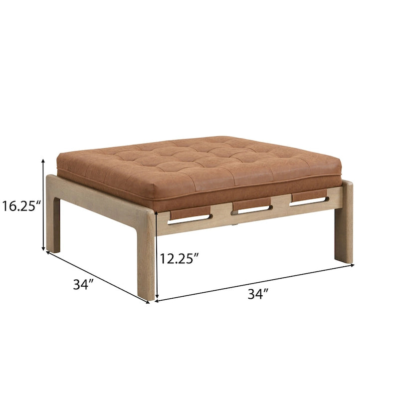 34 Tufted Upholstered Cocktail Ottoman, Square Leather Ottoman Coffee Table with Rubber Wood Frame