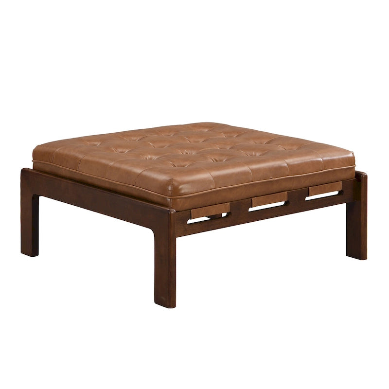 34 Tufted Upholstered Cocktail Ottoman, Square Leather Ottoman Coffee Table with Rubber Wood Frame