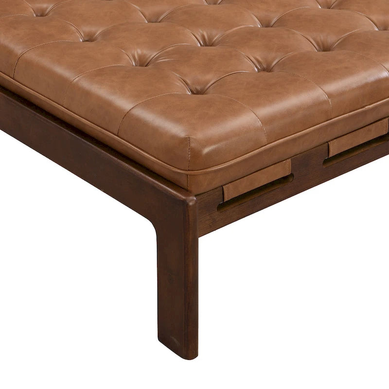 34 Tufted Upholstered Cocktail Ottoman, Square Leather Ottoman Coffee Table with Rubber Wood Frame