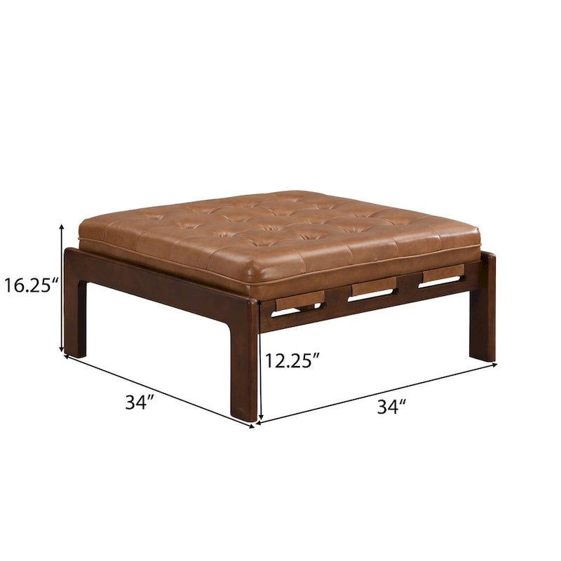 34 Tufted Upholstered Cocktail Ottoman, Square Leather Ottoman Coffee Table with Rubber Wood Frame