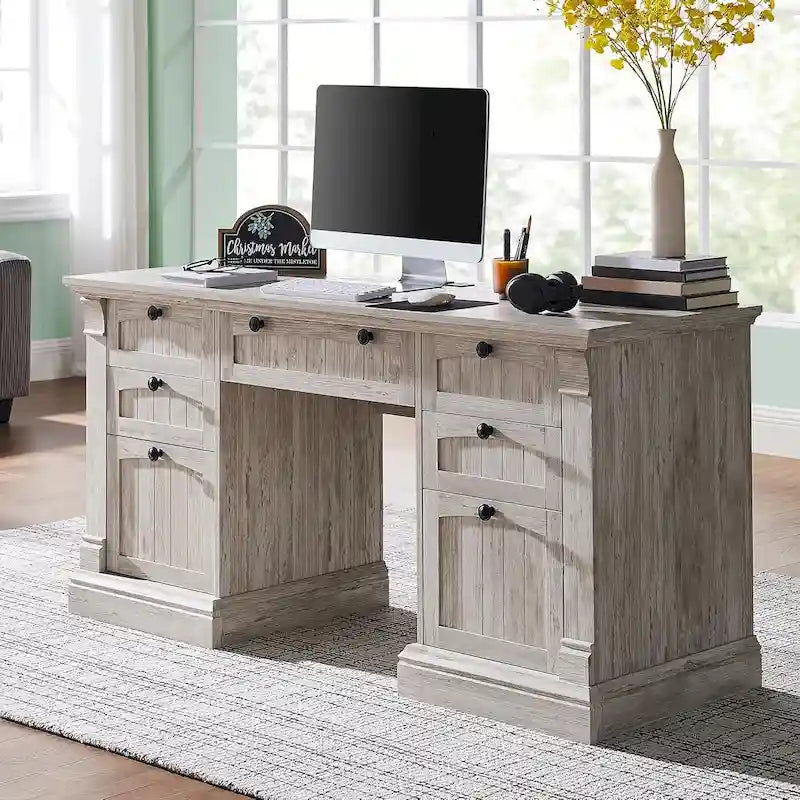 Farmhouse Computer Desk, Wood Home Office Desk with Charging Station