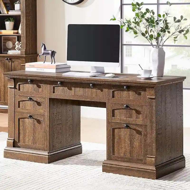 Farmhouse Computer Desk, Wood Home Office Desk with Charging Station