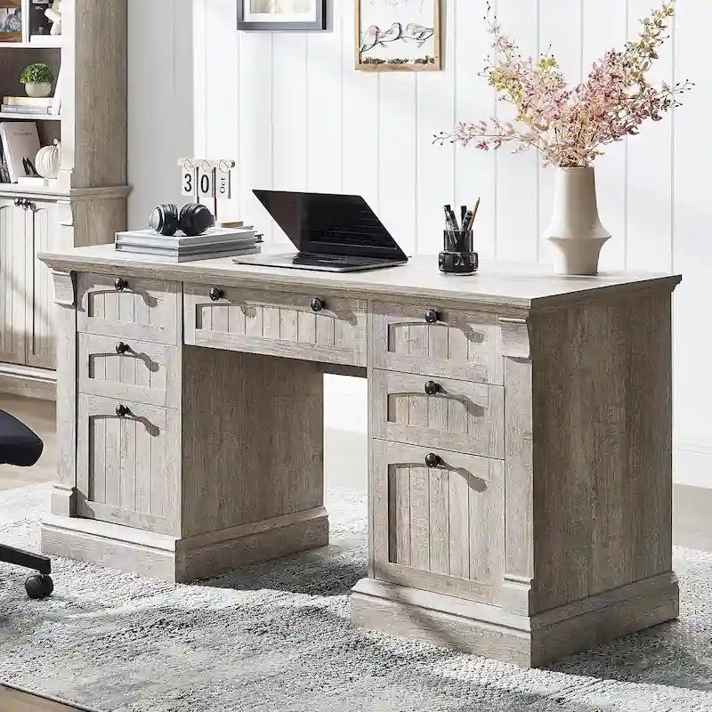 Farmhouse Computer Desk, Wood Home Office Desk with Charging Station