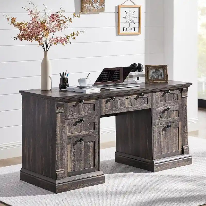 Farmhouse Computer Desk, Wood Home Office Desk with Charging Station