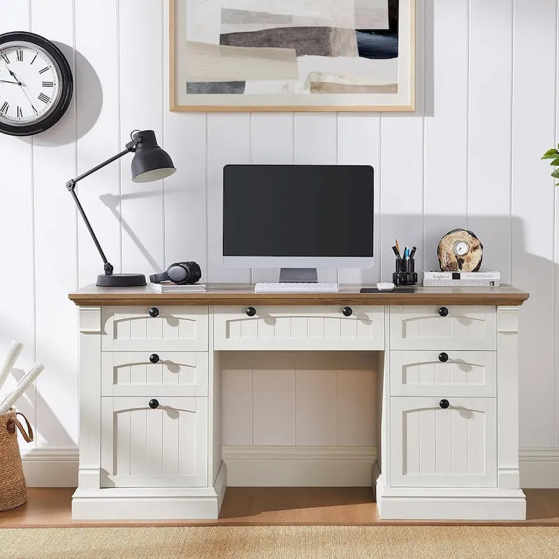 Farmhouse Computer Desk, Wood Home Office Desk with Charging Station