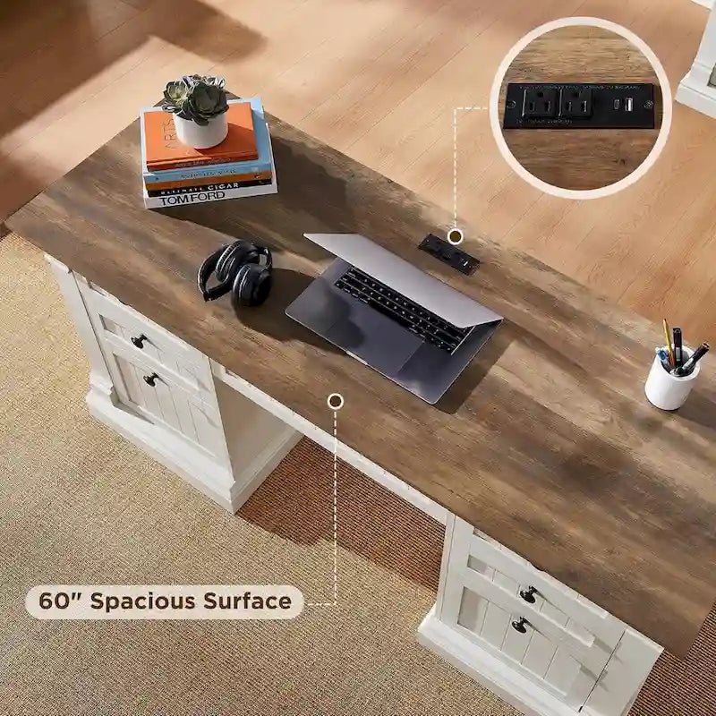 Farmhouse Computer Desk, Wood Home Office Desk with Charging Station
