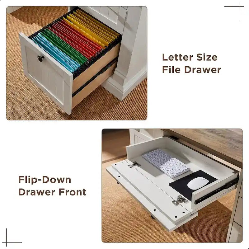 Farmhouse Computer Desk, Wood Home Office Desk with Charging Station