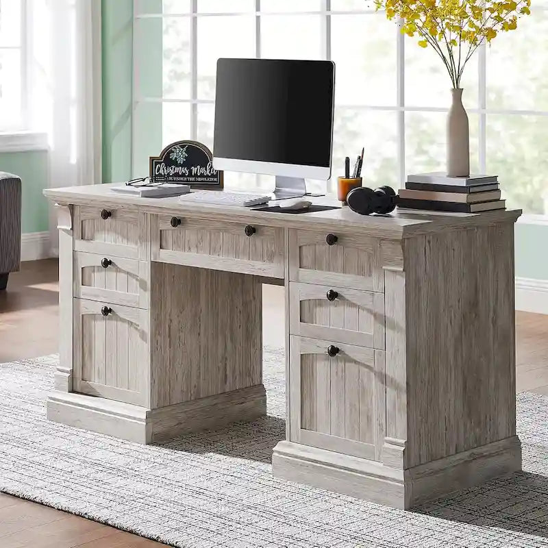 Farmhouse Computer Desk, Wood Home Office Desk with Charging Station