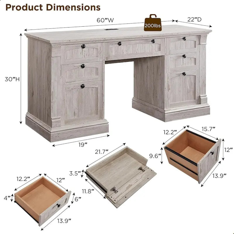 Farmhouse Computer Desk, Wood Home Office Desk with Charging Station