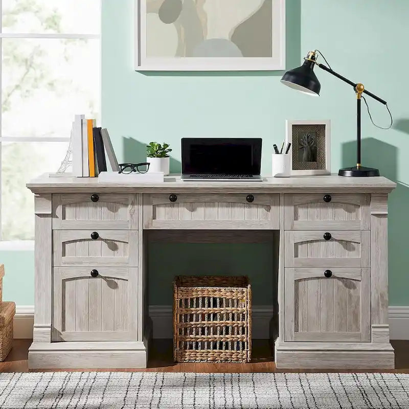 Farmhouse Computer Desk, Wood Home Office Desk with Charging Station