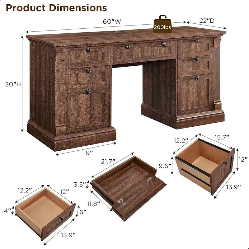Farmhouse Computer Desk, Wood Home Office Desk with Charging Station