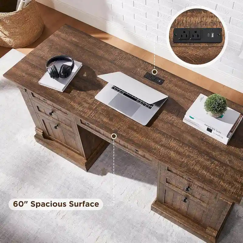 Farmhouse Computer Desk, Wood Home Office Desk with Charging Station