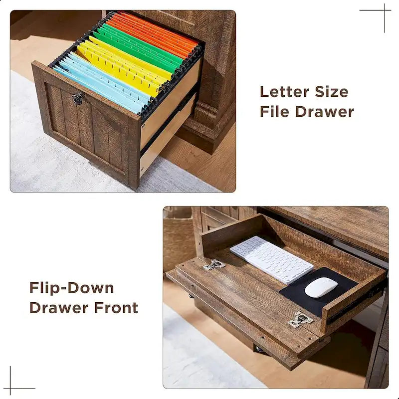 Farmhouse Computer Desk, Wood Home Office Desk with Charging Station