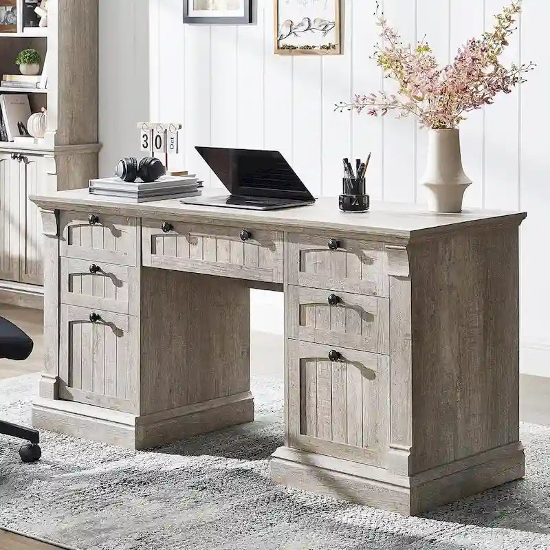 Farmhouse Computer Desk, Wood Home Office Desk with Charging Station