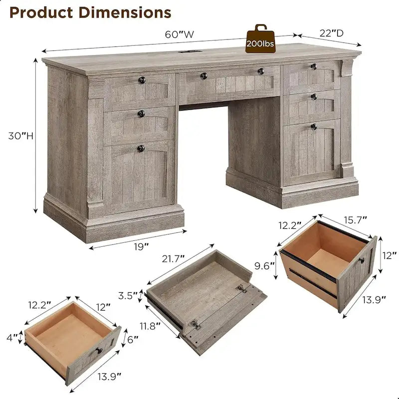 Farmhouse Computer Desk, Wood Home Office Desk with Charging Station