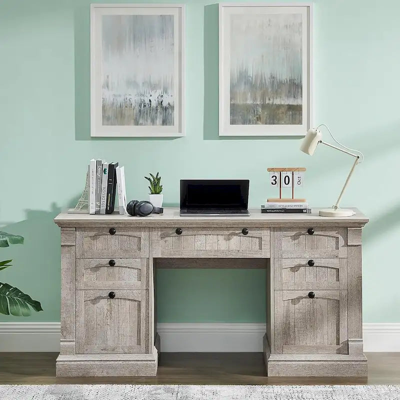 Farmhouse Computer Desk, Wood Home Office Desk with Charging Station