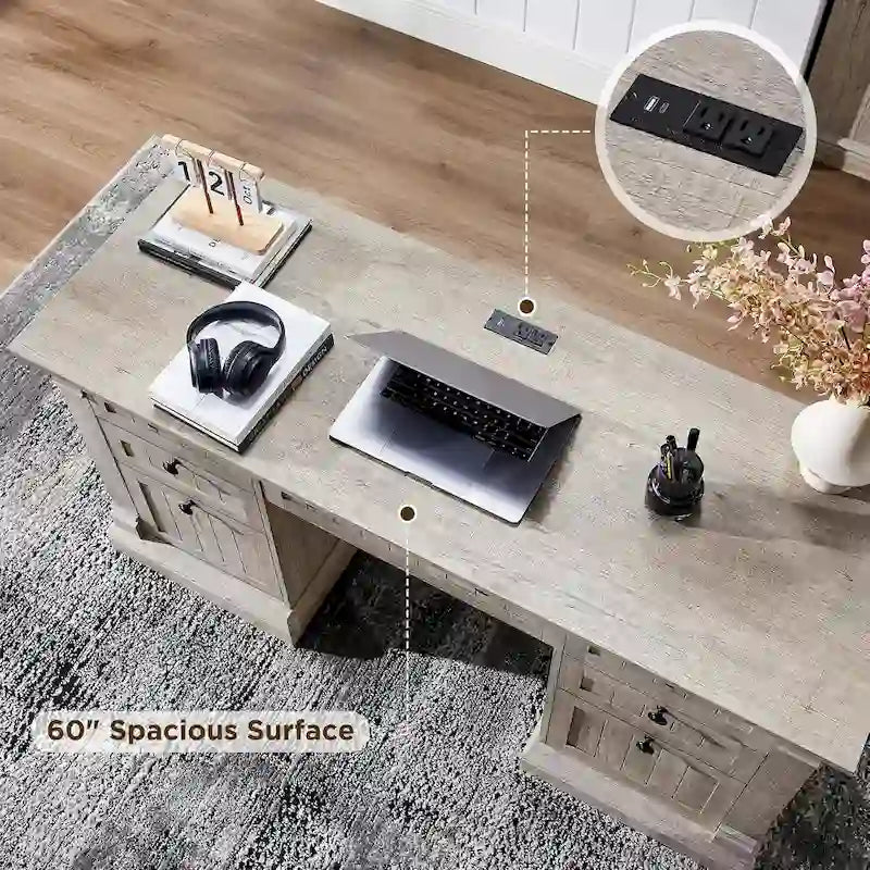 Farmhouse Computer Desk, Wood Home Office Desk with Charging Station