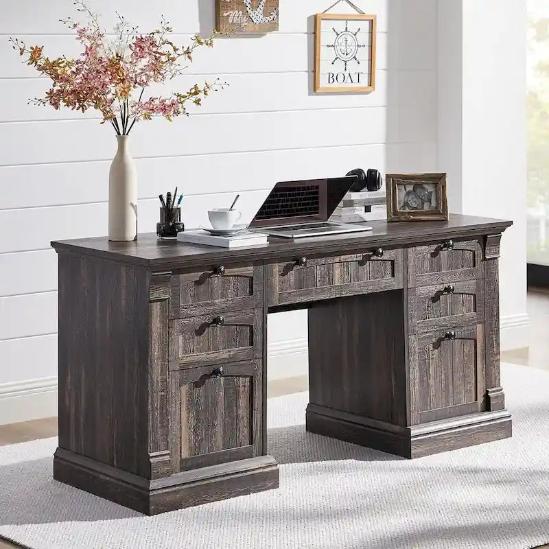Farmhouse Computer Desk, Wood Home Office Desk with Charging Station
