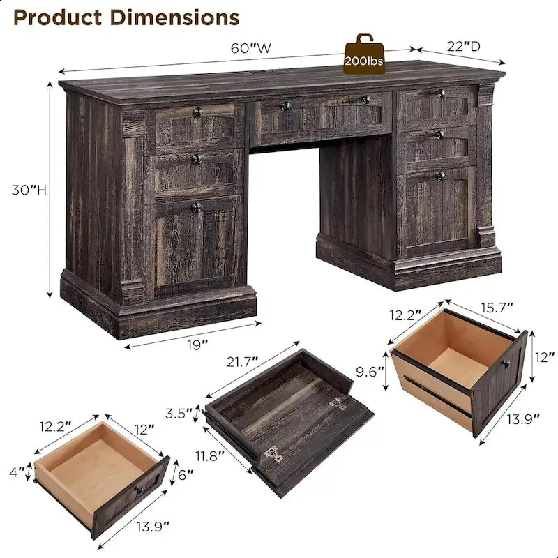 Farmhouse Computer Desk, Wood Home Office Desk with Charging Station
