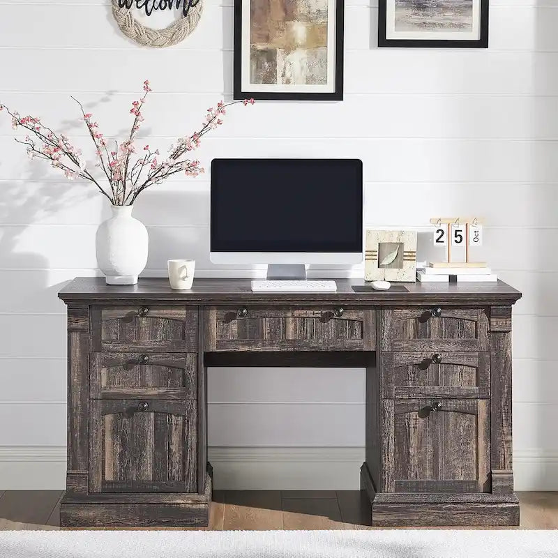 Farmhouse Computer Desk, Wood Home Office Desk with Charging Station