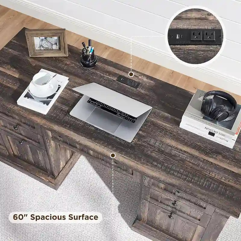 Farmhouse Computer Desk, Wood Home Office Desk with Charging Station
