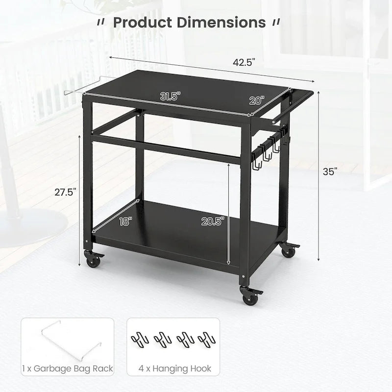 Outdoor Grill Cart Pizza Oven Stand w/ Shelf Hooks Lockable
