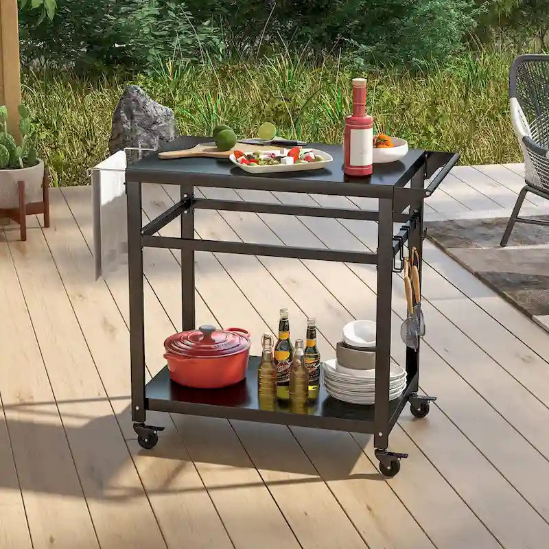 Outdoor Grill Cart Pizza Oven Stand w/ Shelf Hooks Lockable