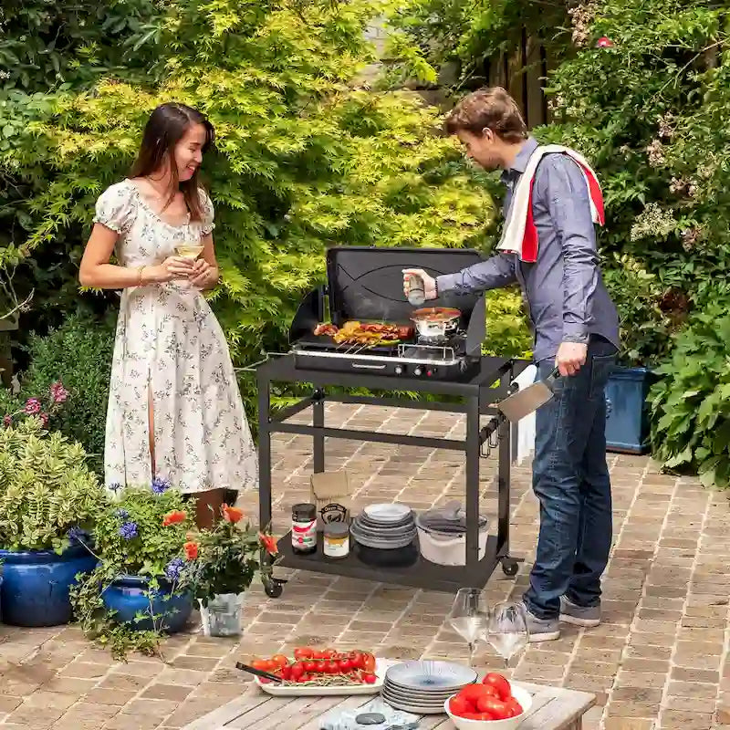 Outdoor Grill Cart Pizza Oven Stand w/ Shelf Hooks Lockable