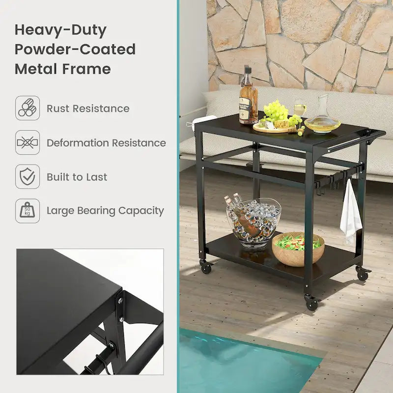Outdoor Grill Cart Pizza Oven Stand w/ Shelf Hooks Lockable