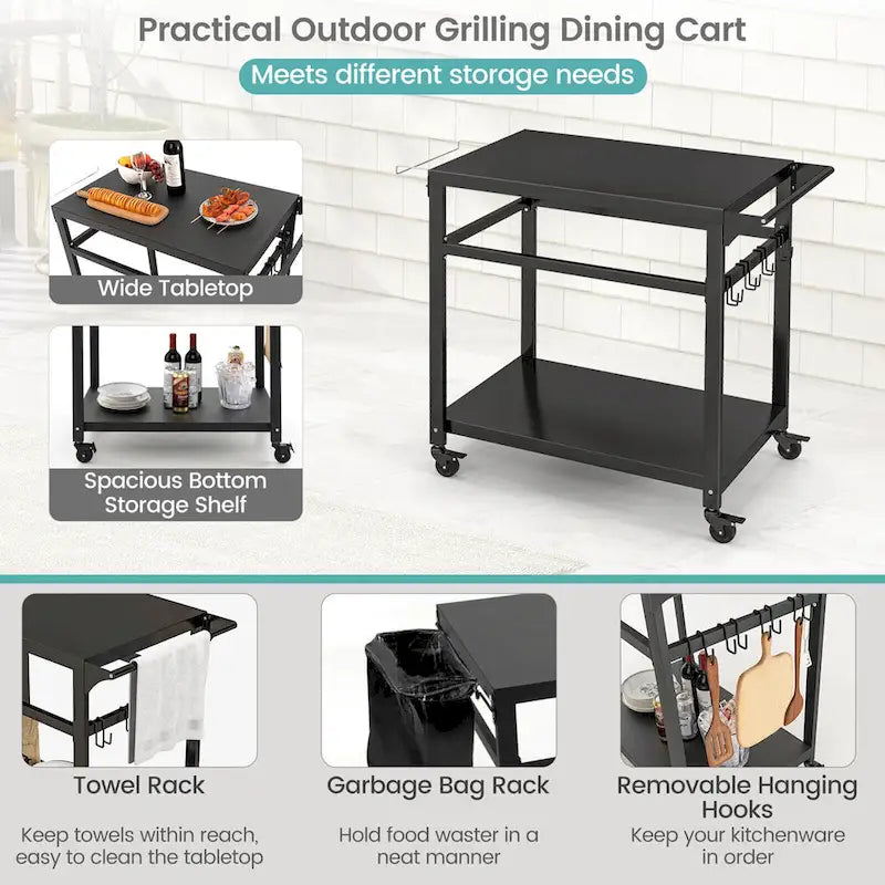 Outdoor Grill Cart Pizza Oven Stand w/ Shelf Hooks Lockable