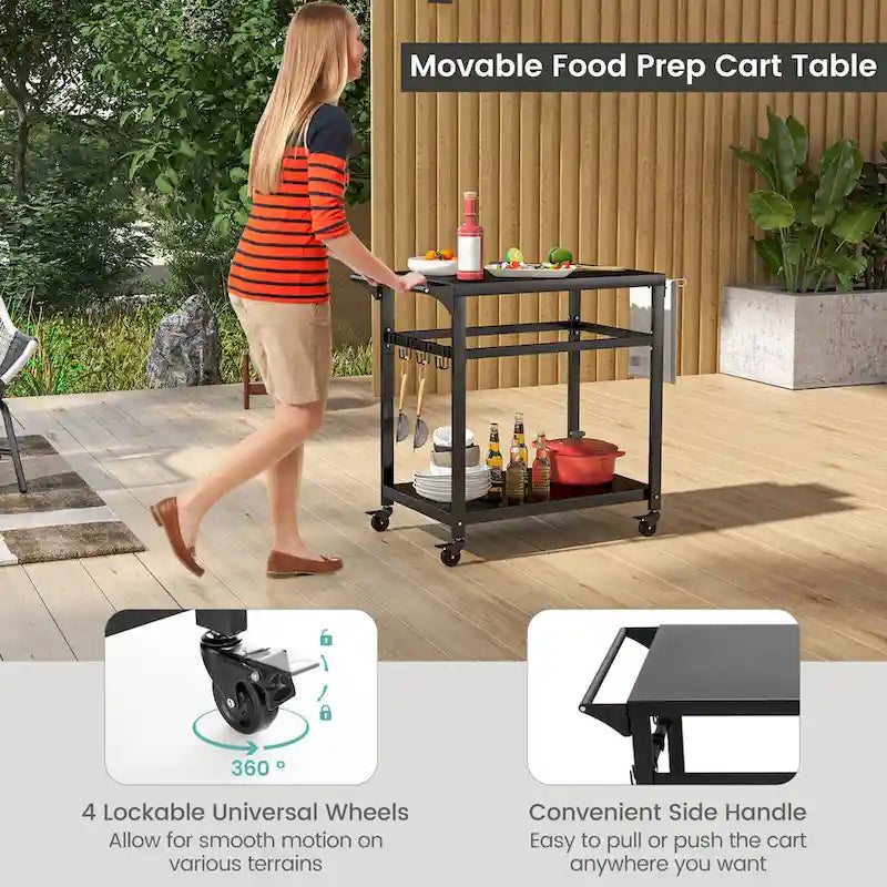 Outdoor Grill Cart Pizza Oven Stand w/ Shelf Hooks Lockable