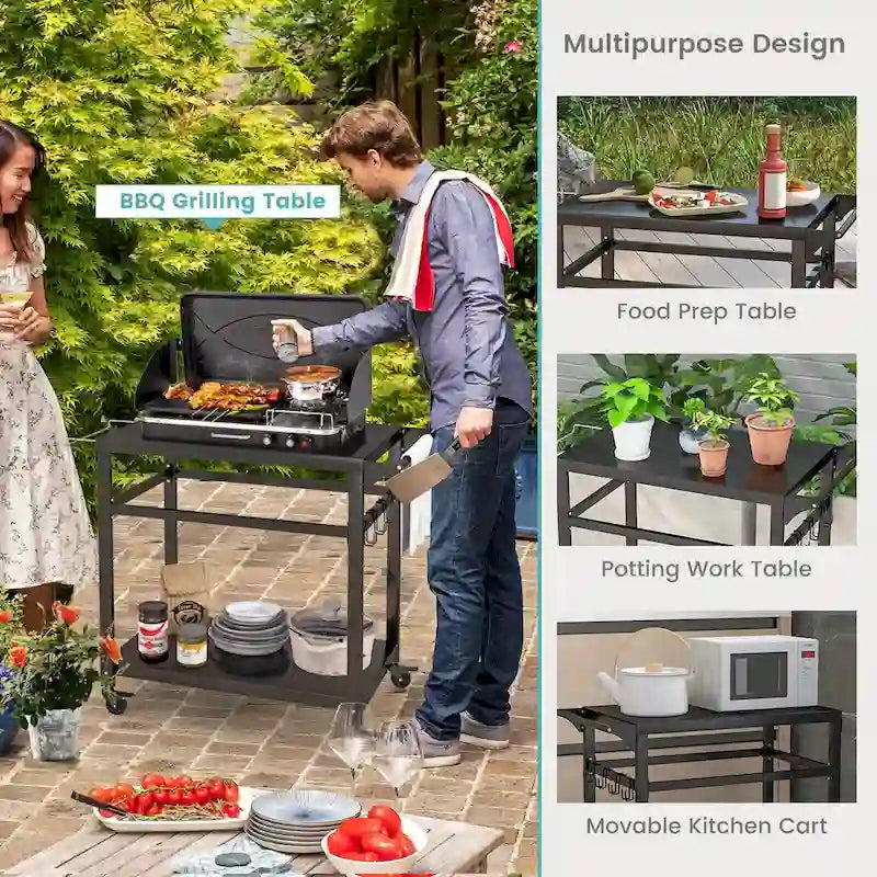 Outdoor Grill Cart Pizza Oven Stand w/ Shelf Hooks Lockable