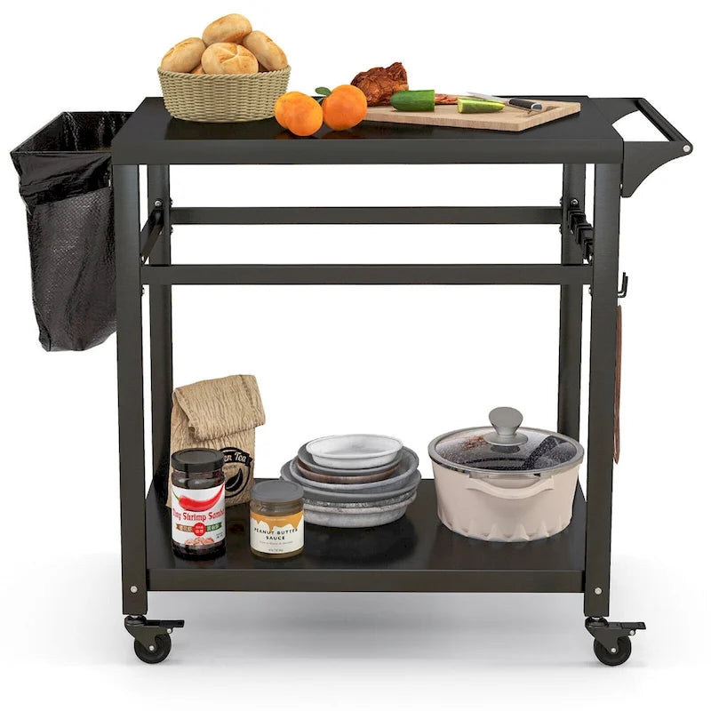 Outdoor Grill Cart Pizza Oven Stand w/ Shelf Hooks Lockable