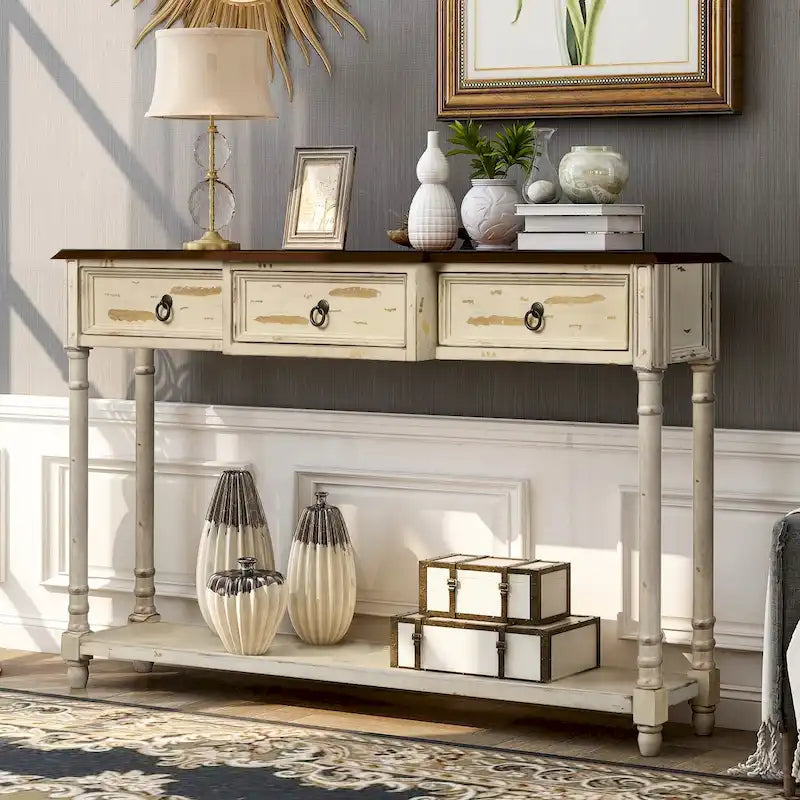 Solid Wood Console Table with 3 Drawers and Shelf