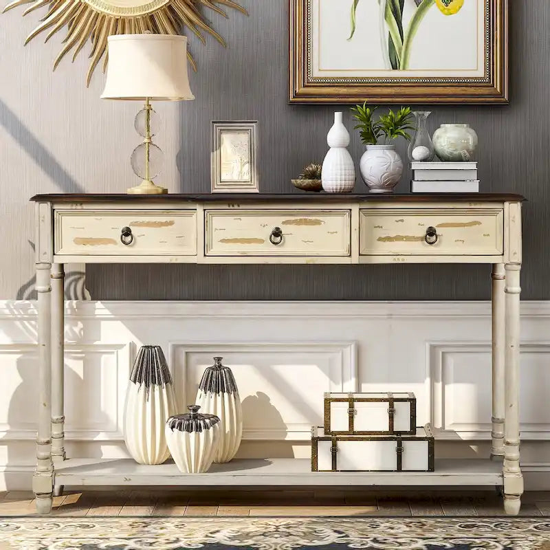 Solid Wood Console Table with 3 Drawers and Shelf
