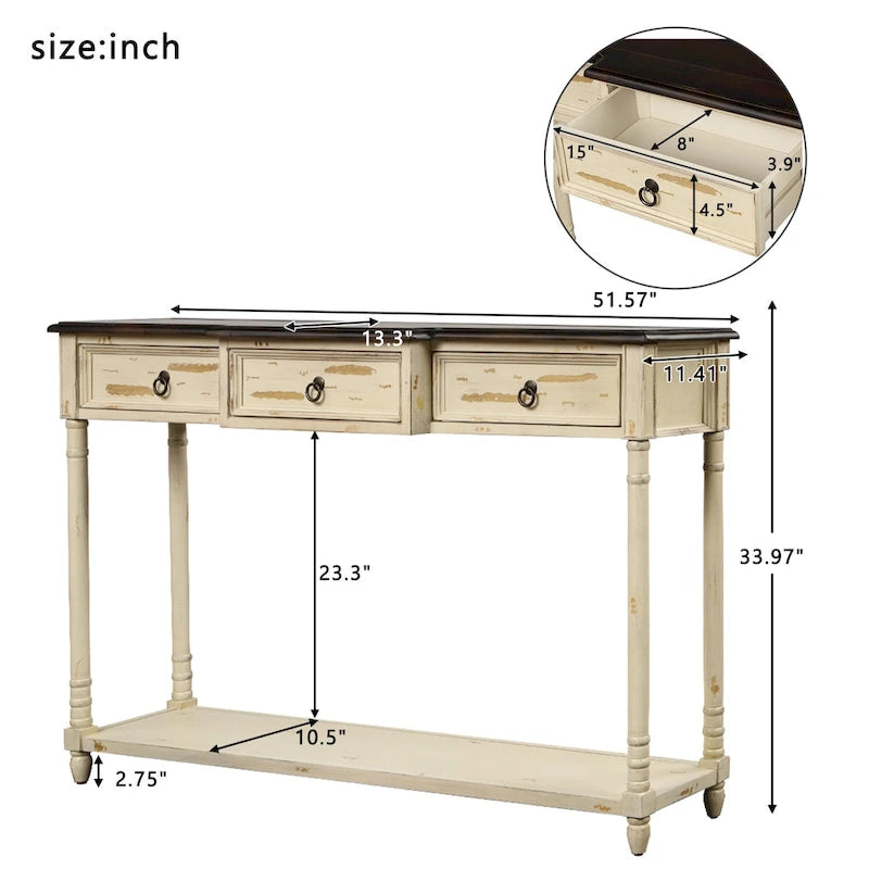 Solid Wood Console Table with 3 Drawers and Shelf