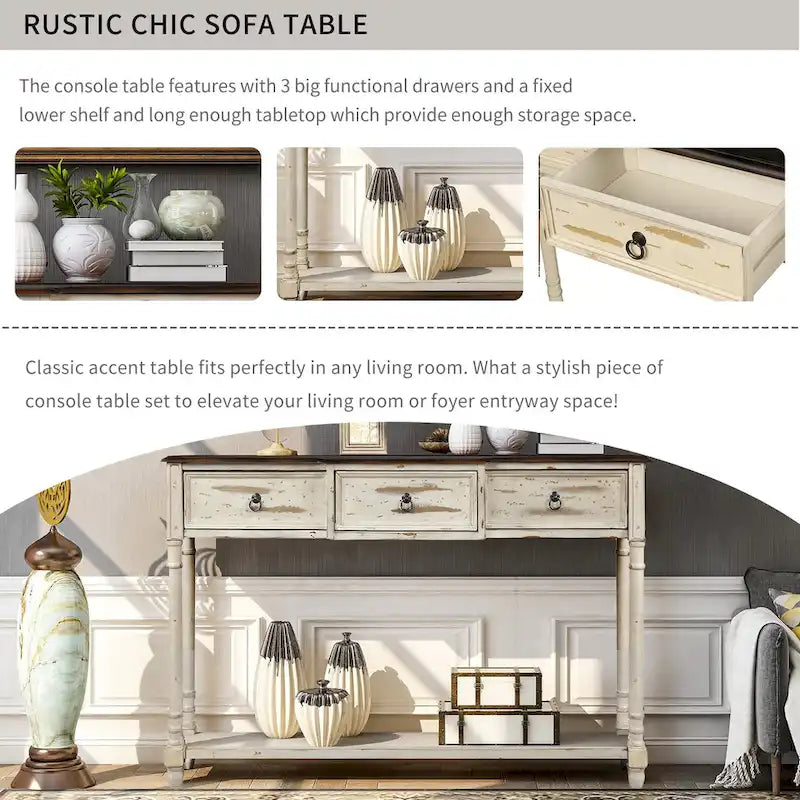 Solid Wood Console Table with 3 Drawers and Shelf