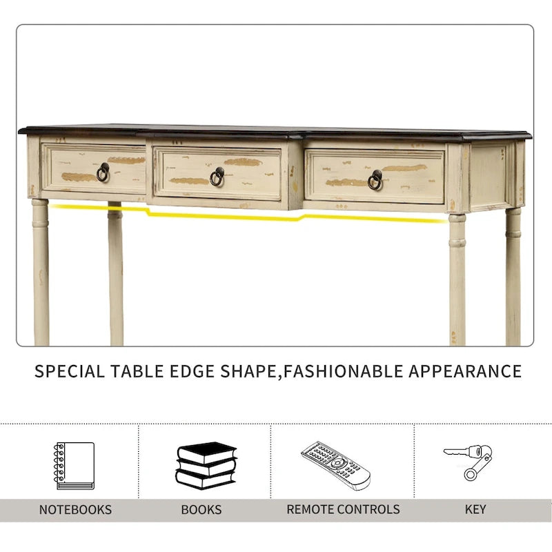 Solid Wood Console Table with 3 Drawers and Shelf
