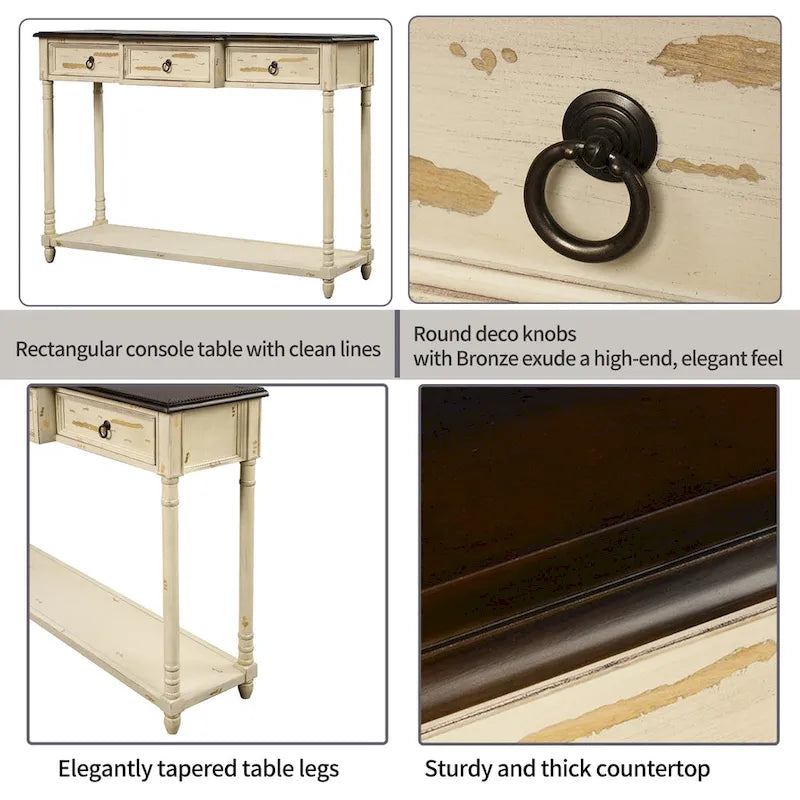 Solid Wood Console Table with 3 Drawers and Shelf