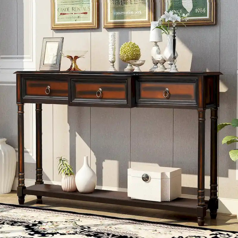 Solid Wood Console Table with 3 Drawers and Shelf