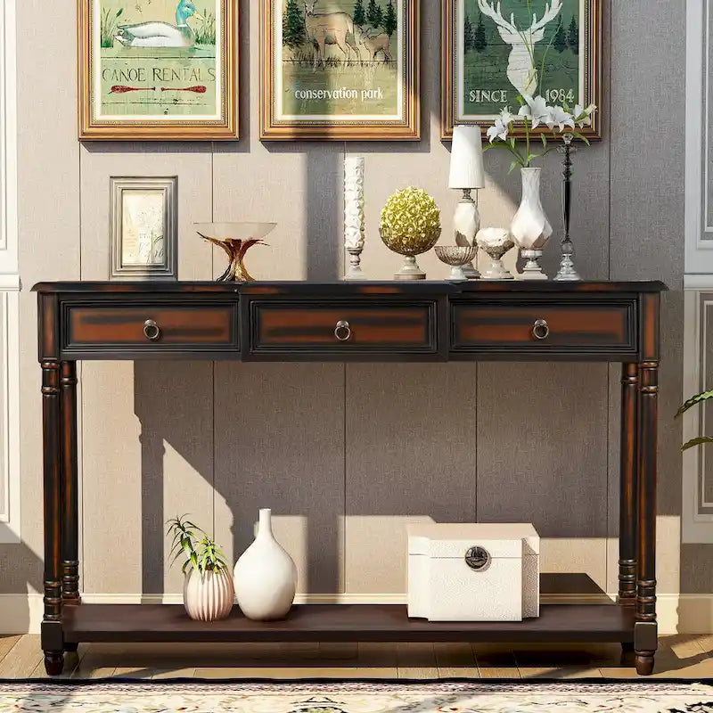 Solid Wood Console Table with 3 Drawers and Shelf