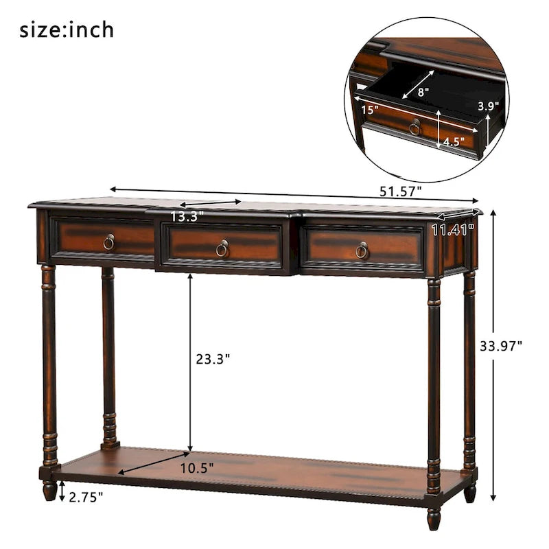 Solid Wood Console Table with 3 Drawers and Shelf