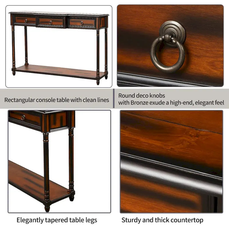 Solid Wood Console Table with 3 Drawers and Shelf