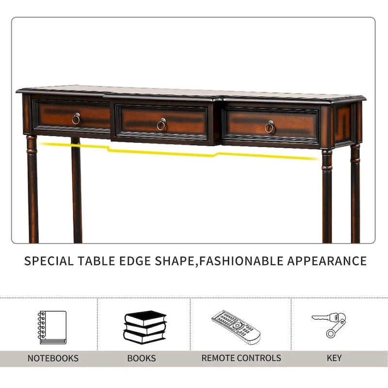 Solid Wood Console Table with 3 Drawers and Shelf