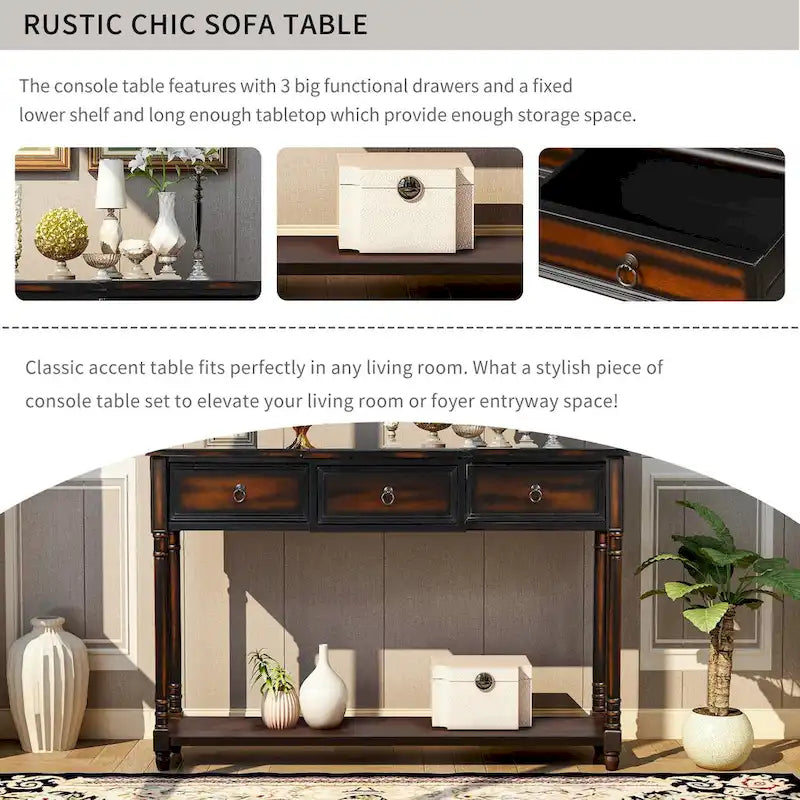 Solid Wood Console Table with 3 Drawers and Shelf